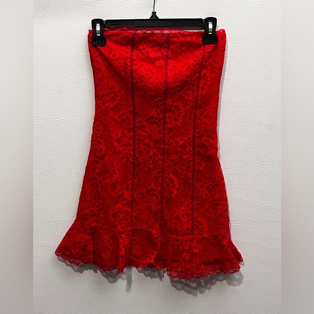Lovers + Friends Red Lace Ruffle Strapless Mini Dress XXS NWT